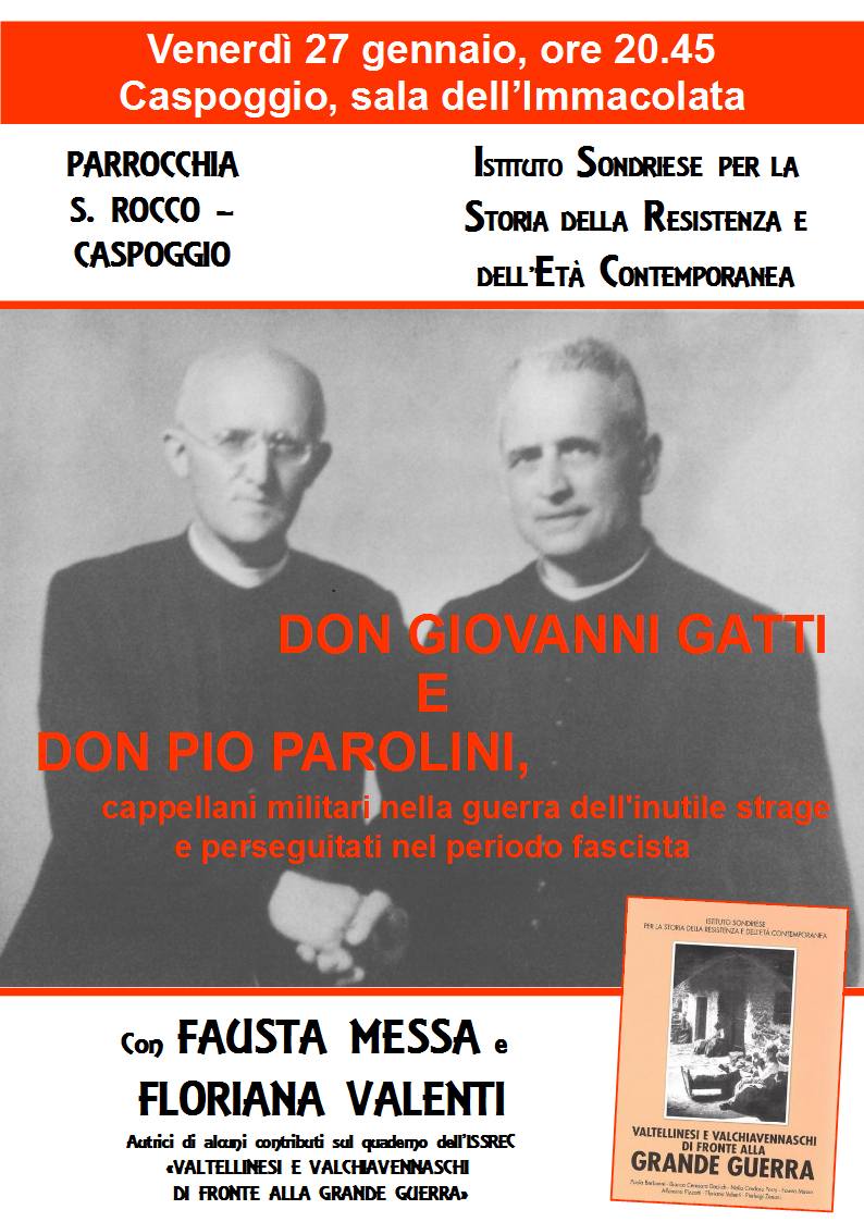 Conferenza 27 gennaio: don Giovanni Gatti e don Pio Parolini, cappellani militari nella guerra dell'inutile strage e perseguitati nel periodo fascista